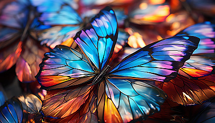 Close-up of iridescent butterfly wings displaying an array of hues.