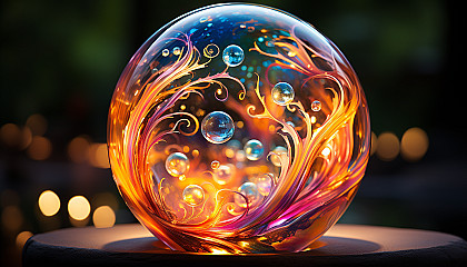 The iridescent surface of a soap bubble, capturing the colors of its surroundings.