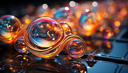 A close-up of the colorful surface of a soap bubble, reflecting light.