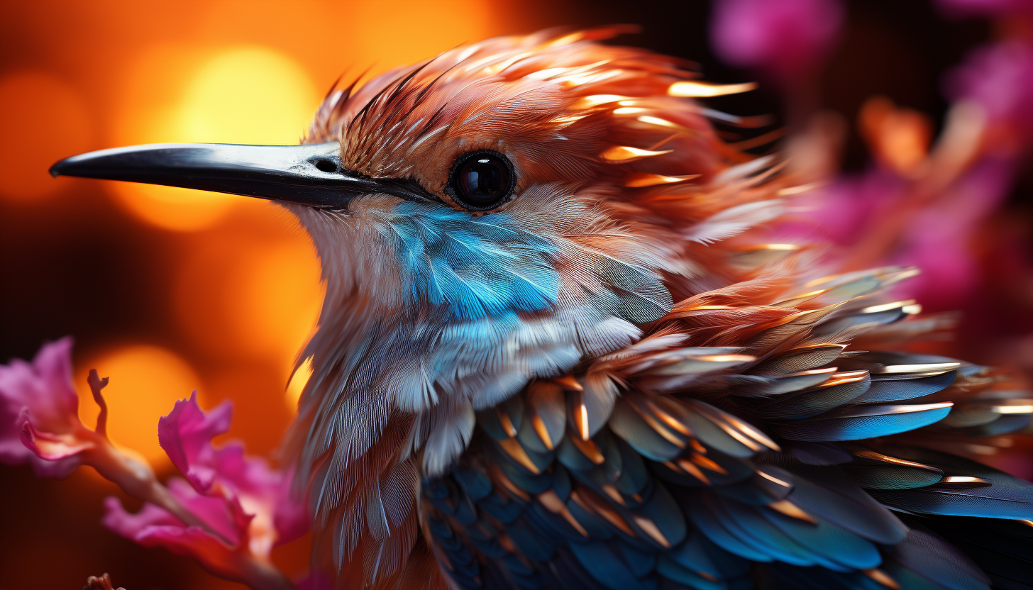 Vibrant close-up of a hummingbird's feathers reflecting sunlight.