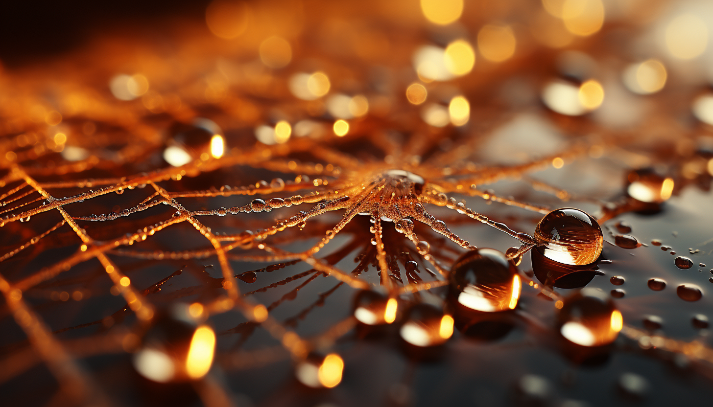 Macro view of dewdrops on a spider's web, reflecting the morning sun.