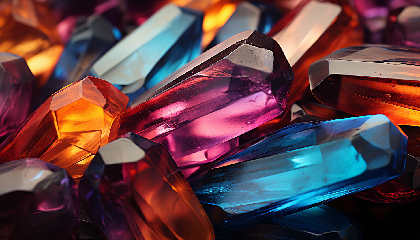 A detailed view of a crystal's facets, displaying a rainbow of reflections.