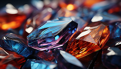 Macro view of a crystal, showcasing its intricate geometrical patterns and colors.