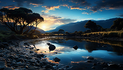 The Milky Way stretching across the night sky above a serene landscape.