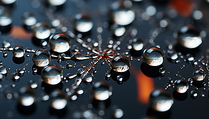 Close-up view of dew drops glistening on a spider's web.