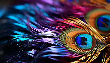 Close-up of a peacock feather, displaying its iridescent colors and complex design.