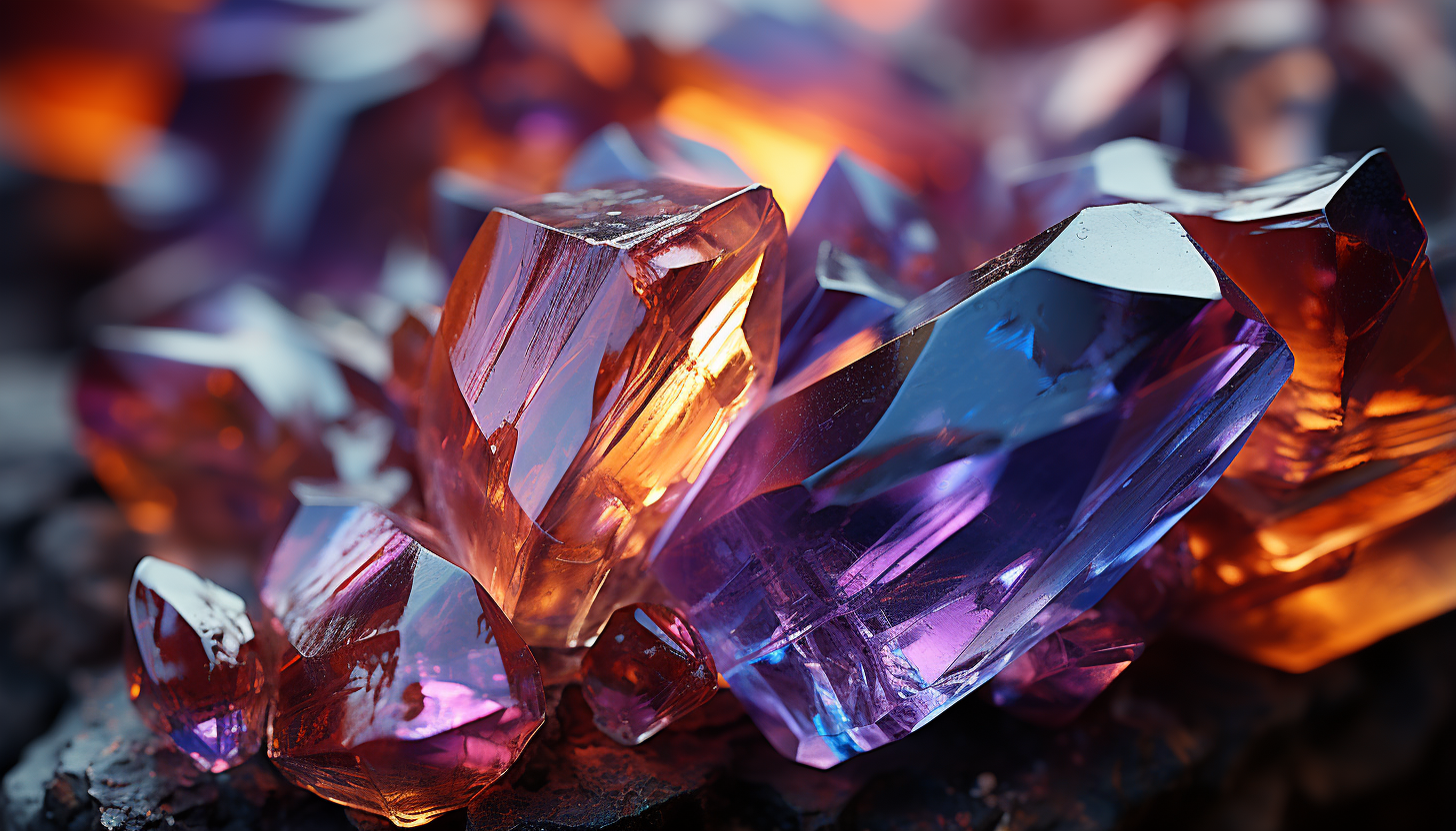 Extreme close-up of a crystal, showcasing its complex structure and refracted colors.