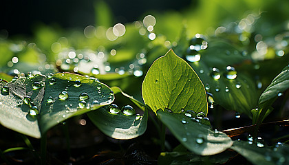 A close-up of dew drops refracting light on a blade of grass.