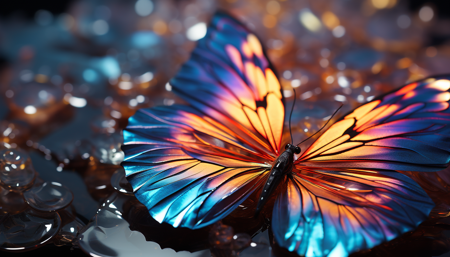 Close-up of iridescent butterfly wings, revealing intricate patterns and hues.