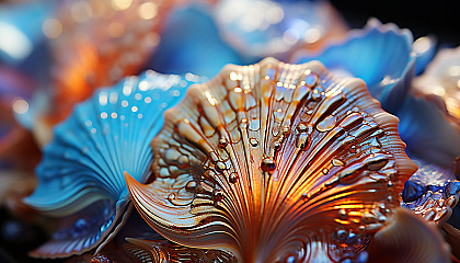 Close-up of the surface of a seashell, revealing its intricate textures and colors.