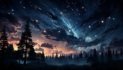 A vivid meteor shower streaking across the night sky.