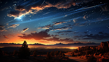 A meteor shower lighting up the night sky with streaks of brilliance.