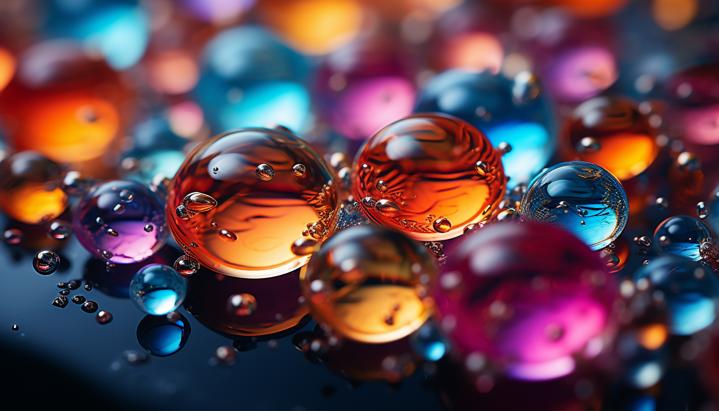 Close-up of bubbles in water, each one reflecting a rainbow of colors.