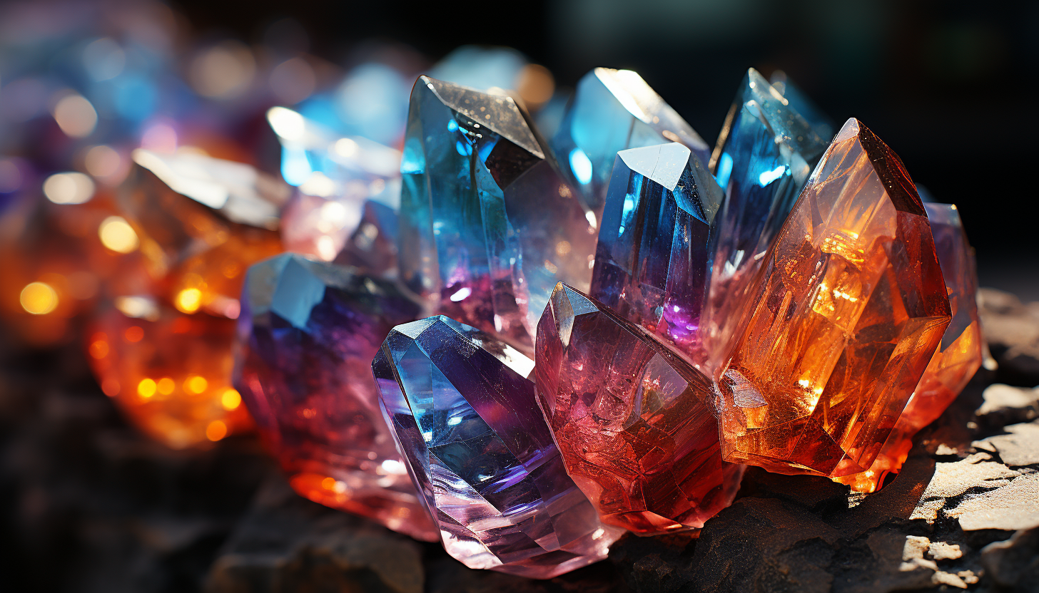 Close-up of a crystalline formation reflecting a rainbow spectrum.