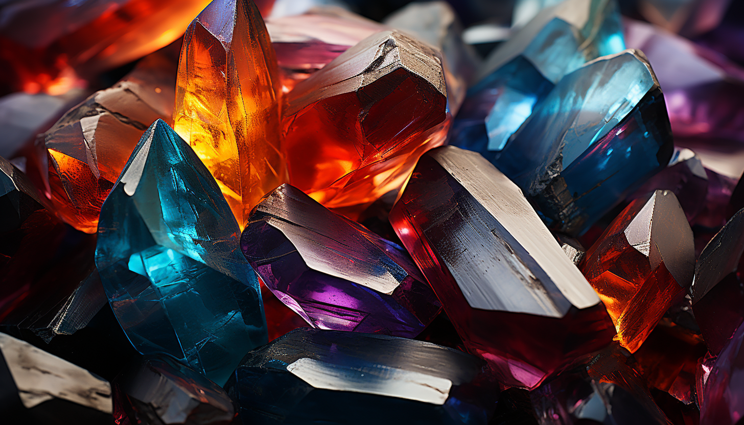 Extreme close-up of a crystal, showcasing its geometric beauty and colors.