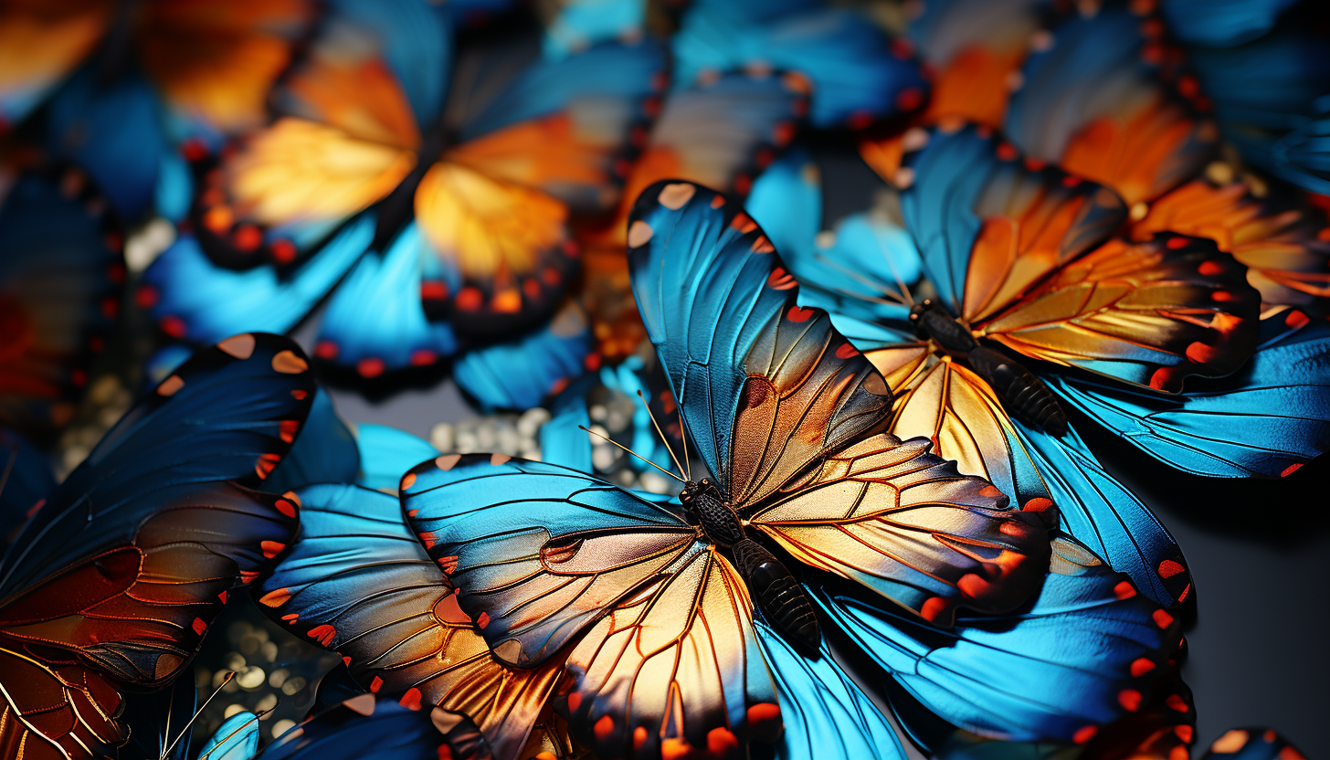 A macro view of butterfly wings showcasing intricate patterns and colors.