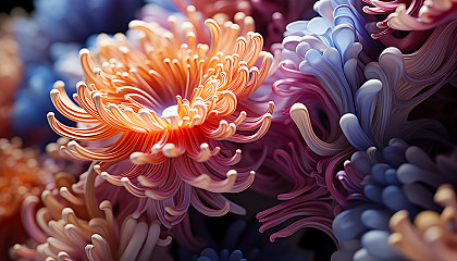 An extreme close-up of a brightly colored coral in the ocean.