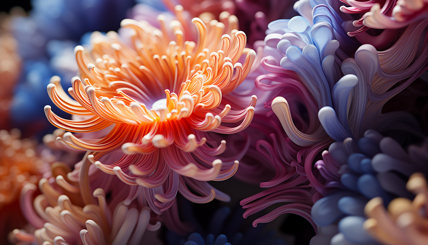 An extreme close-up of a brightly colored coral in the ocean.