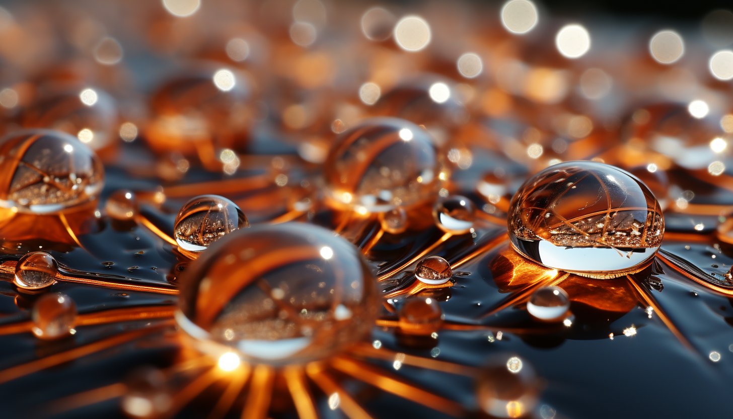 Extreme close-up of dewdrops on a spider's web, refracting sunlight.