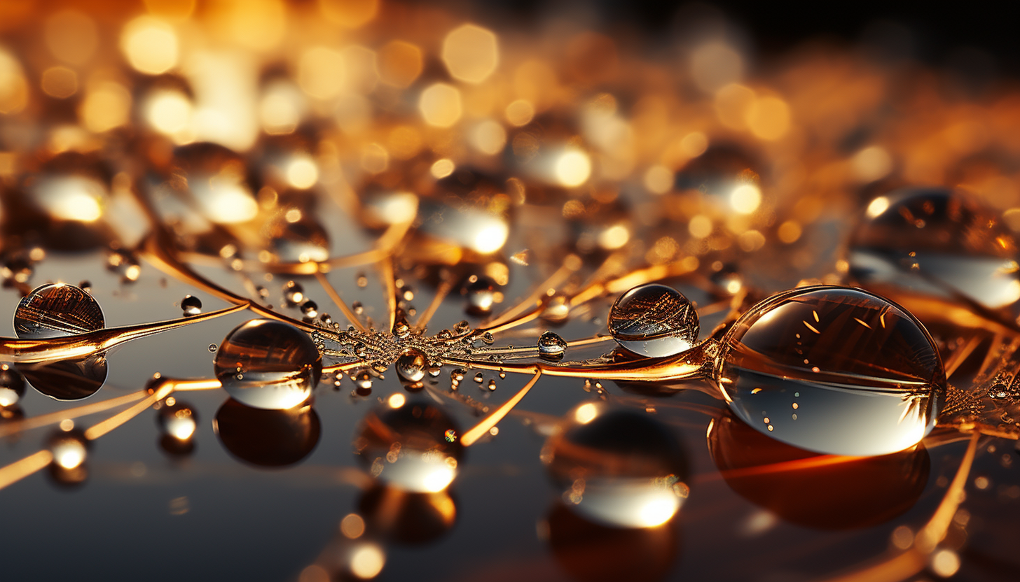 Macro view of dewdrops on a spider's web, reflecting the morning sun.