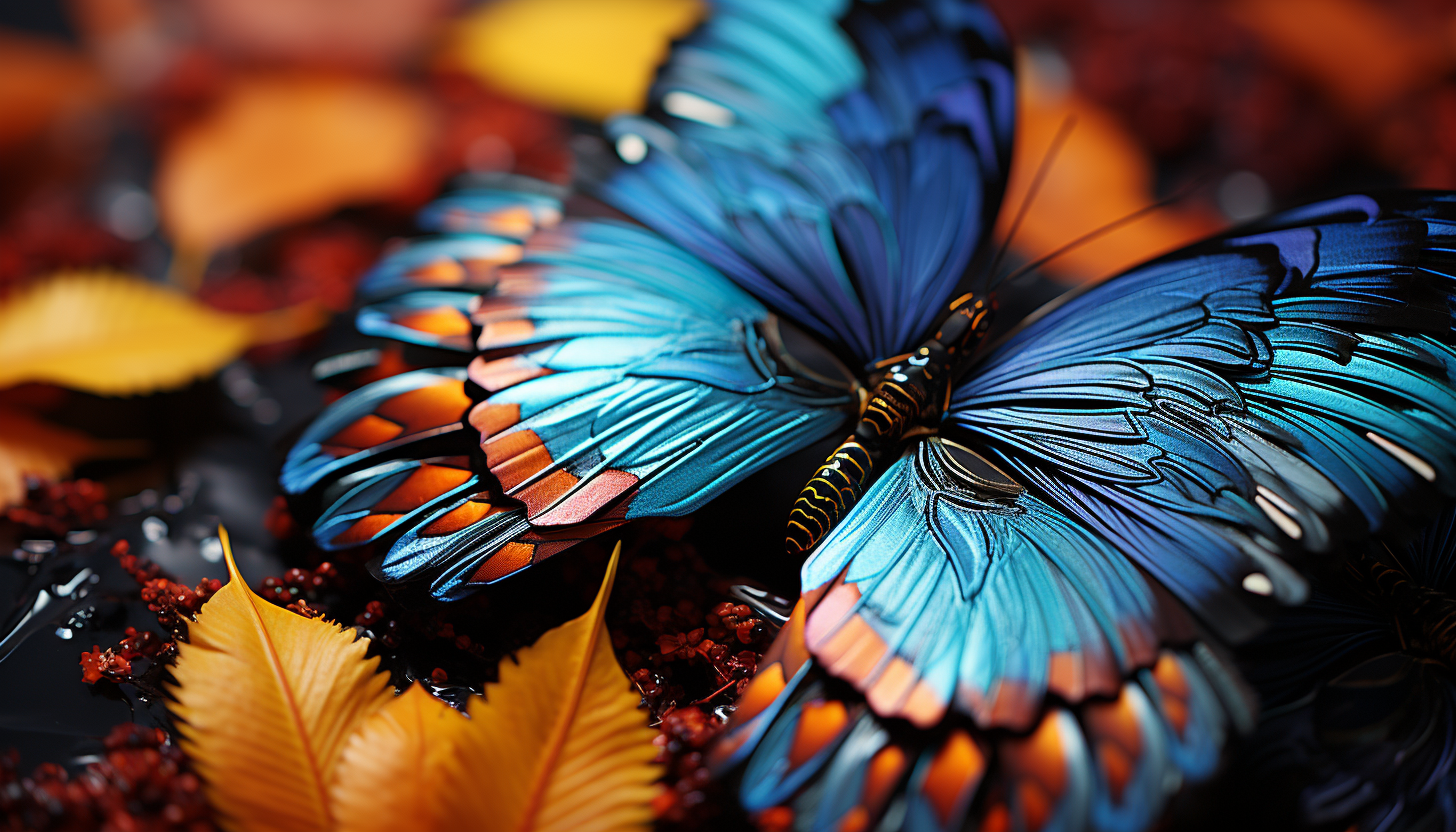 A detailed view of a butterfly's wing, showcasing intricate patterns and colors.