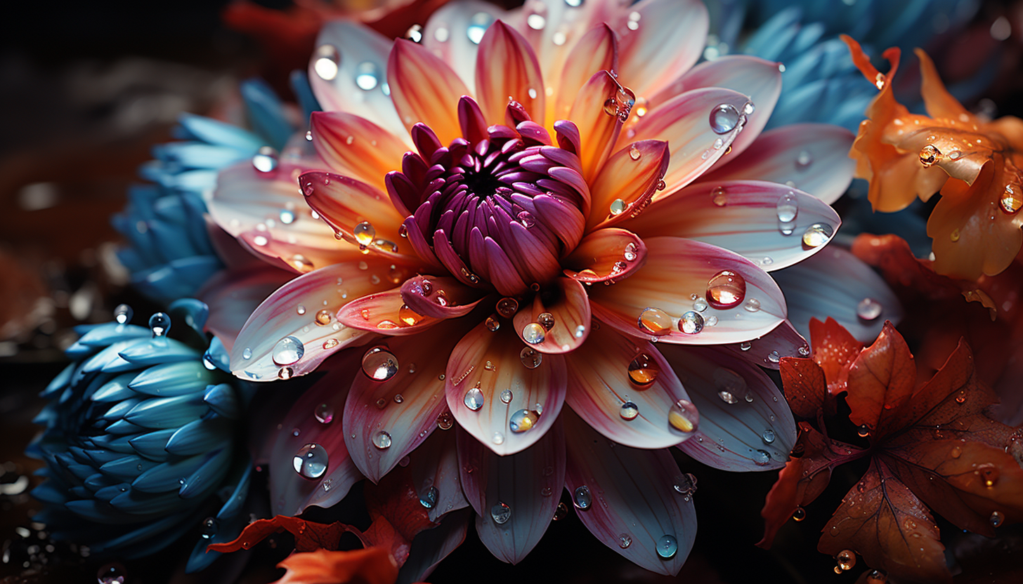 Close-up of a blooming flower, with detailed textures and vivid colors.