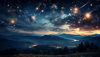 A meteor shower streaking across a star-studded night sky.