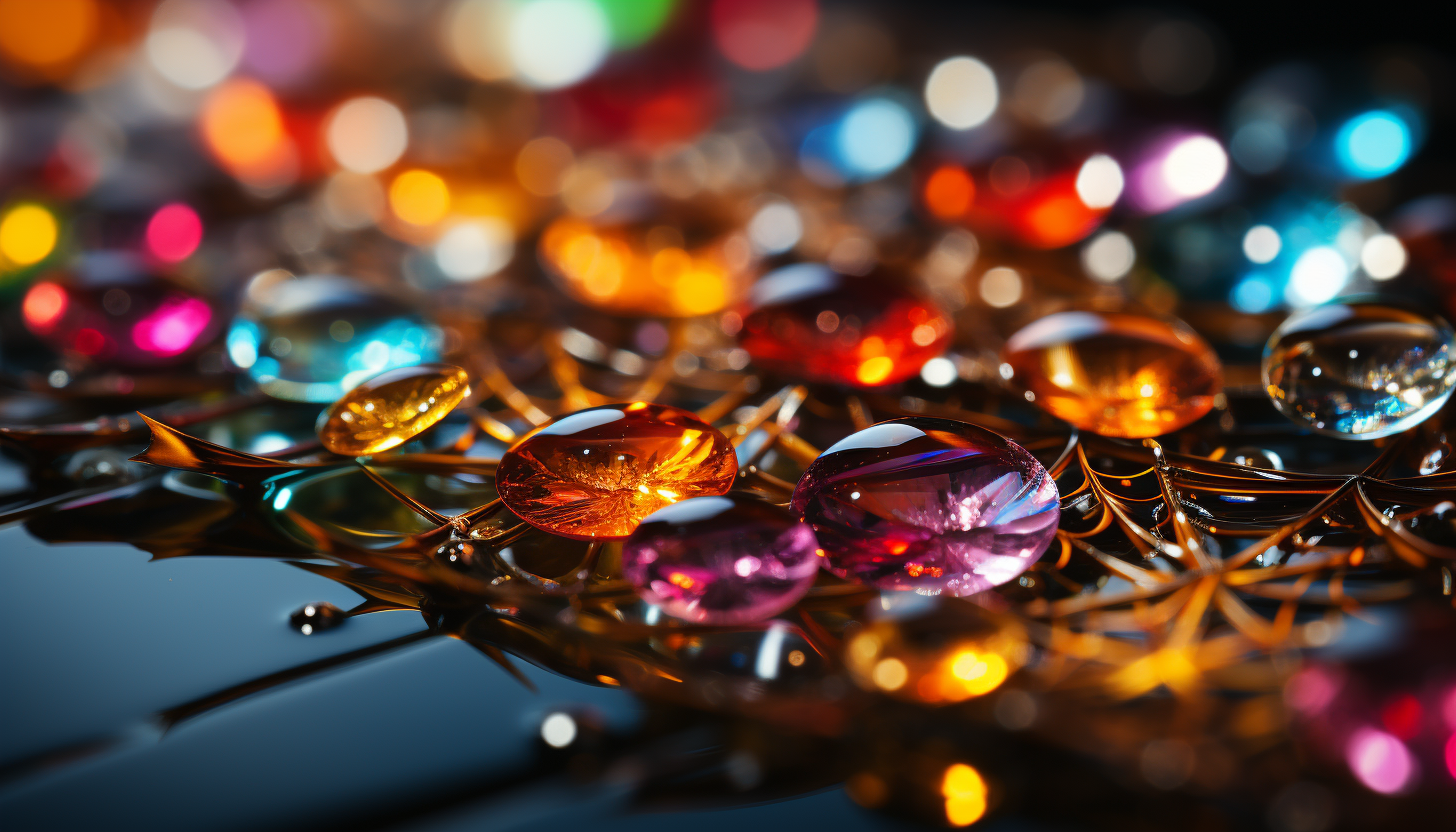 Macro shot of dewdrops on a spider web, refracting light into a rainbow spectrum.