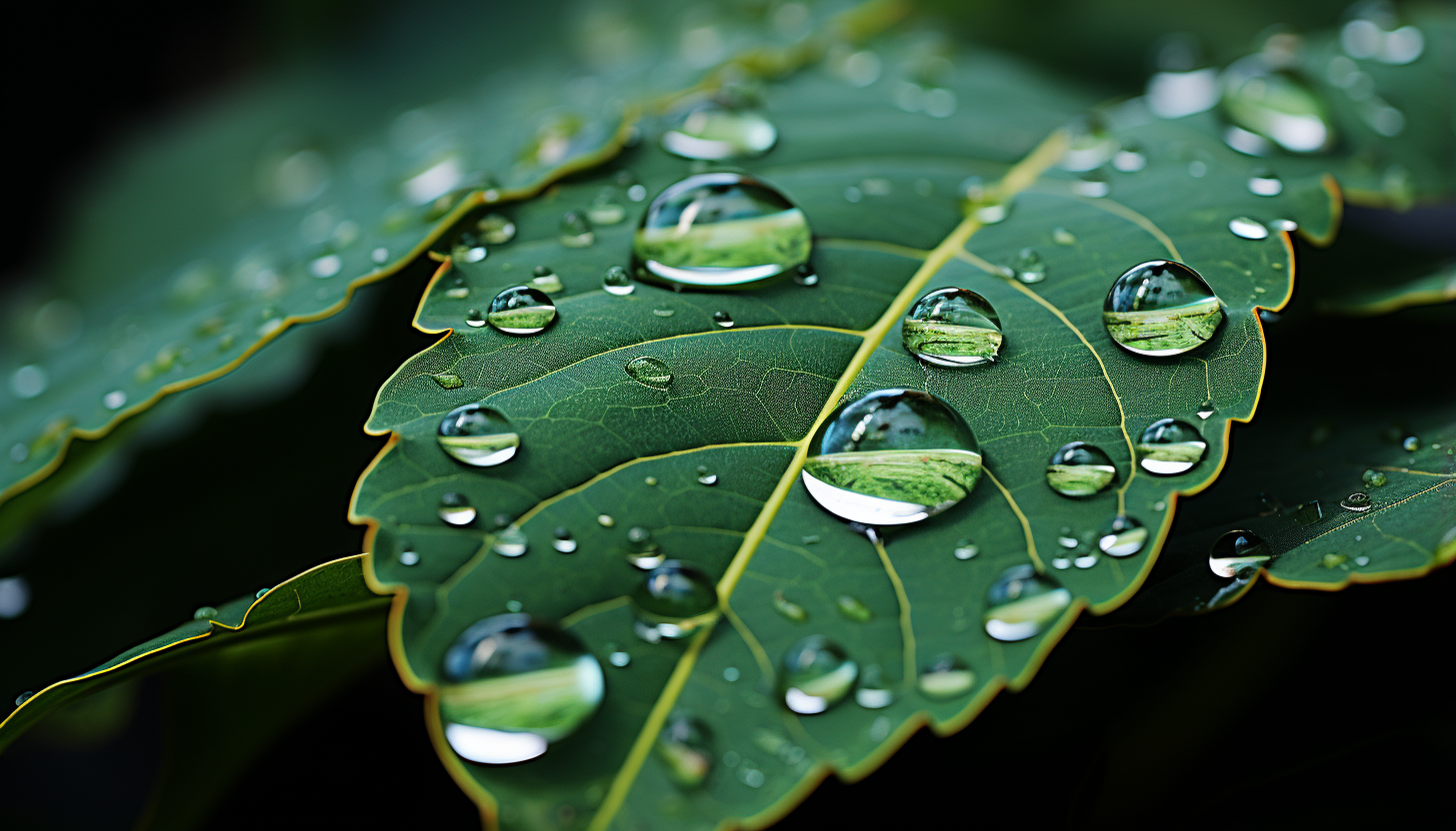 Close-up of a dewdrop magnifying intricate leaf details.