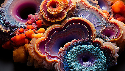 Colorful fractal patterns observed in a cut geode.