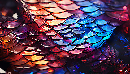 A close-up of the scales of a colorful fish, glimmering underwater.