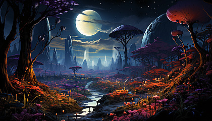 An alien landscape from a distant galaxy, filled with fantastical flora.