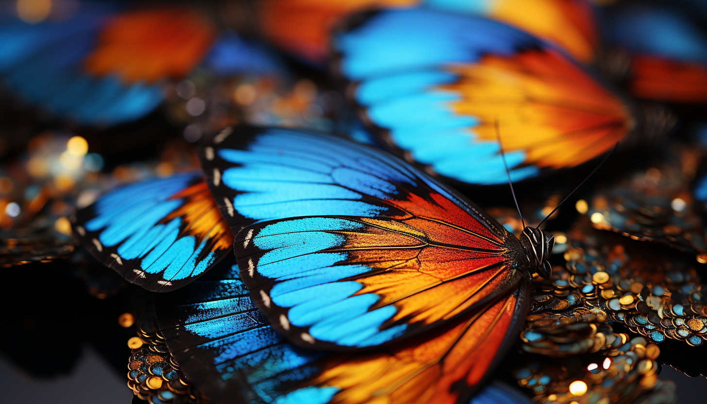 Close-up of a butterfly's wing, revealing intricate patterns and vivid colors.