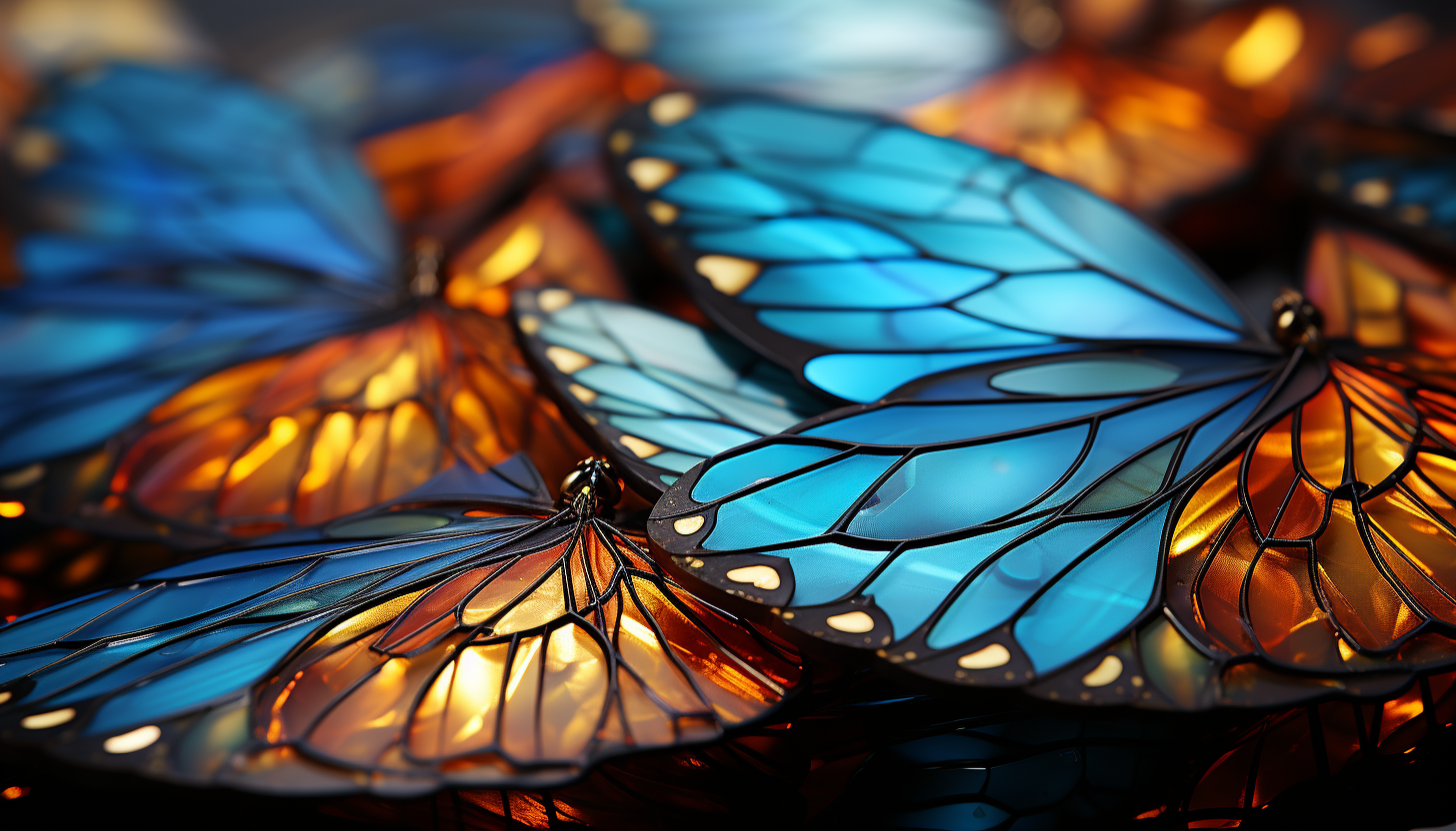 A macro view of butterfly wings revealing intricate patterns and hues.