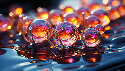 Close-up of iridescent bubbles capturing reflections of the surrounding environment.