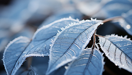 Macro: Minute details of frost forming delicate patterns on a leaf.