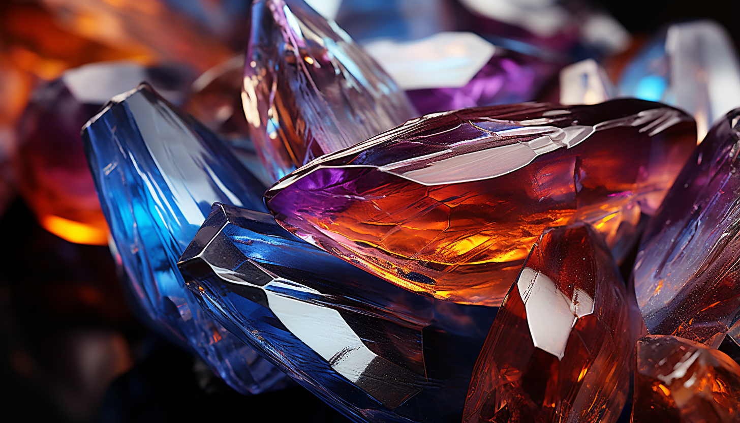 Extreme close-up of a crystal, showcasing its complex structure and refracted colors.