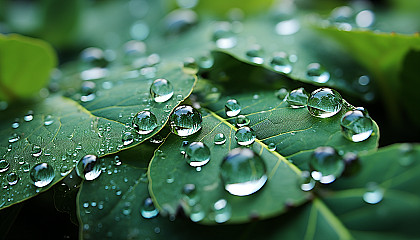 Macro shot of dewdrops magnifying intricate leaf patterns.