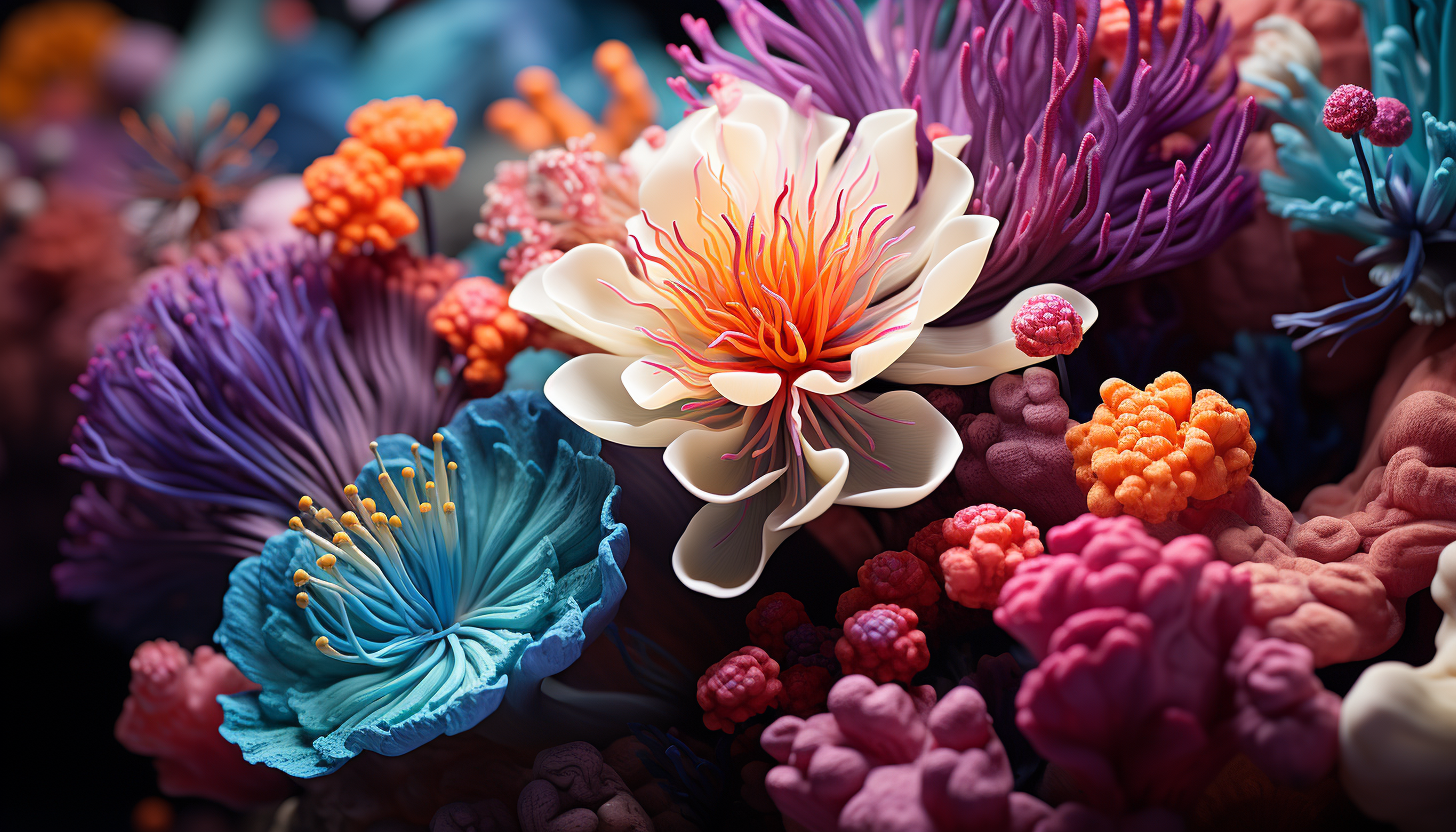 Vibrant and colorful coral reefs captured in a close-up underwater shot.