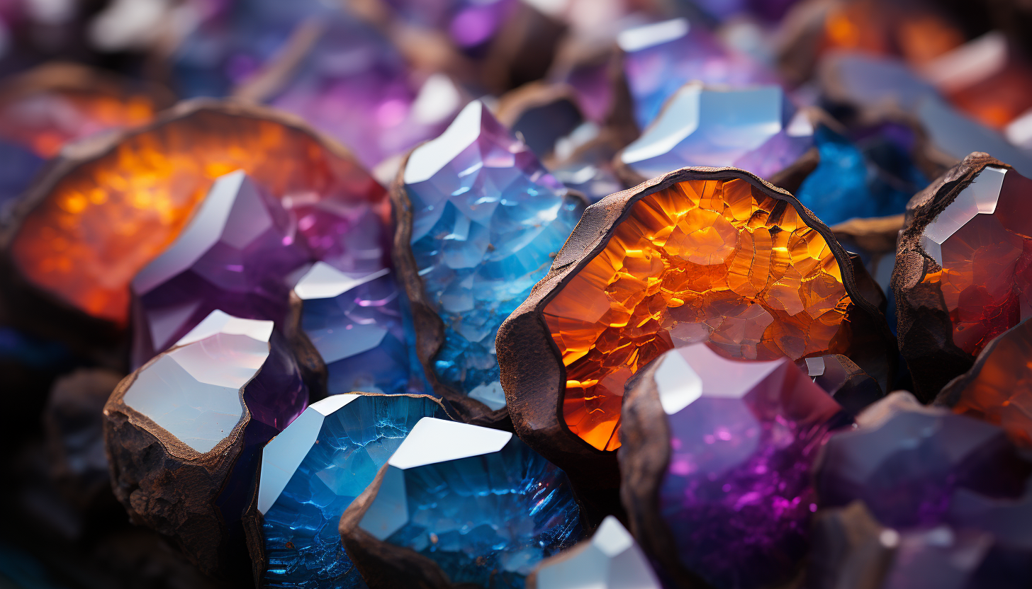 A macro view of crystalline formations in a geode, reflecting light in vibrant hues.