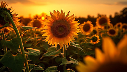 A field of sunflowers turning towards the sun.