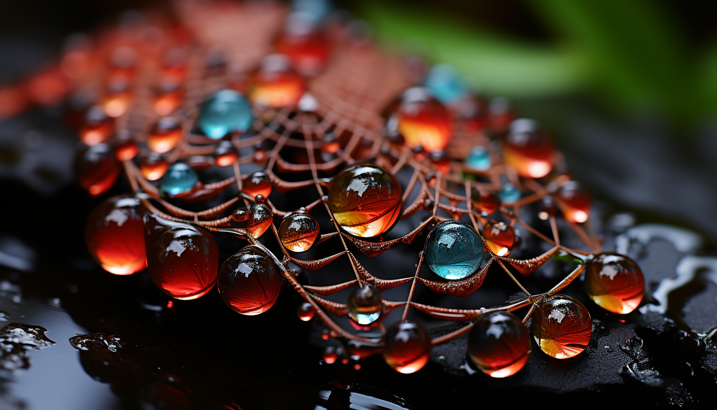 A close-up of a spider's web adorned with colorful beads of morning dew.