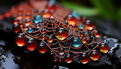 A close-up of a spider's web adorned with colorful beads of morning dew.