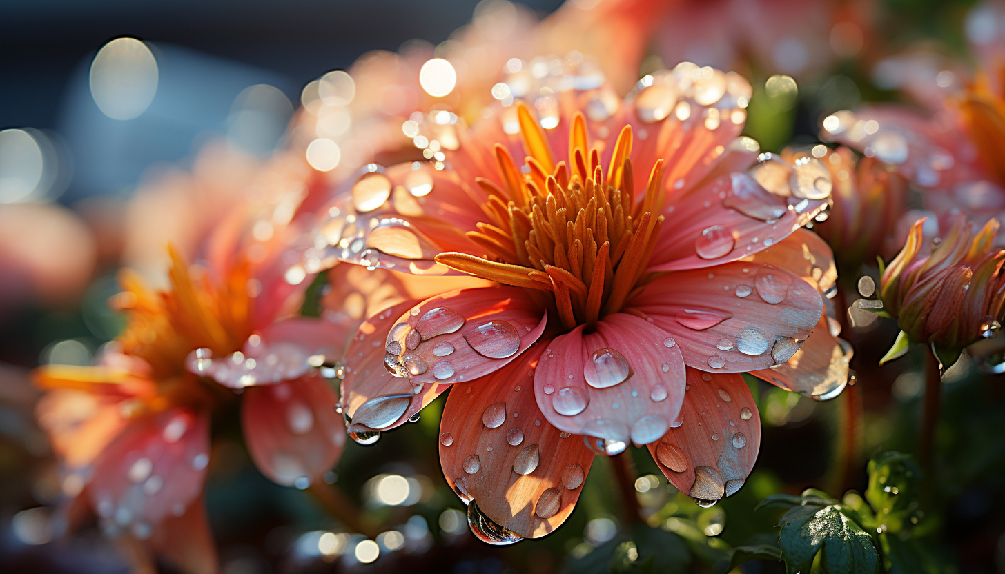 A close-up of dewdrops on a vibrant flower, reflecting the morning sun.