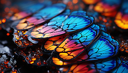 Close-up of a butterfly wing, revealing intricate patterns and vibrant hues.