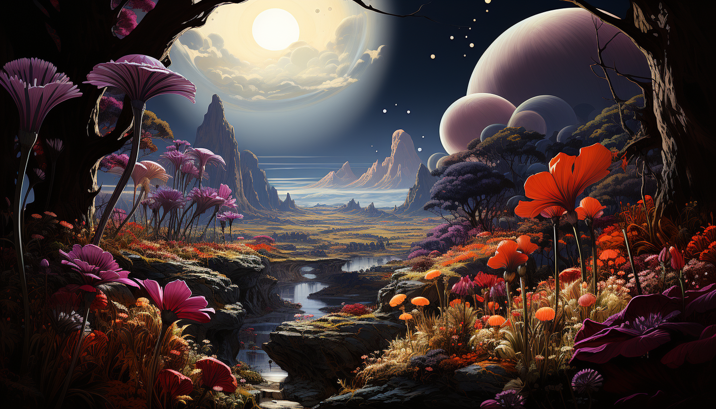 An alien landscape, filled with brilliantly colored, surreal plants.
