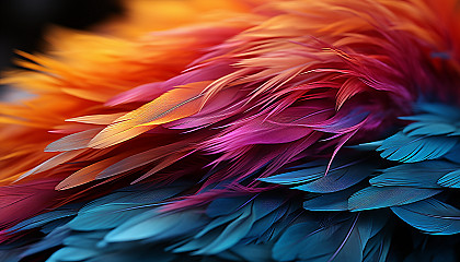 Extreme close-up of a colorful bird's feather, showing each delicate strand.