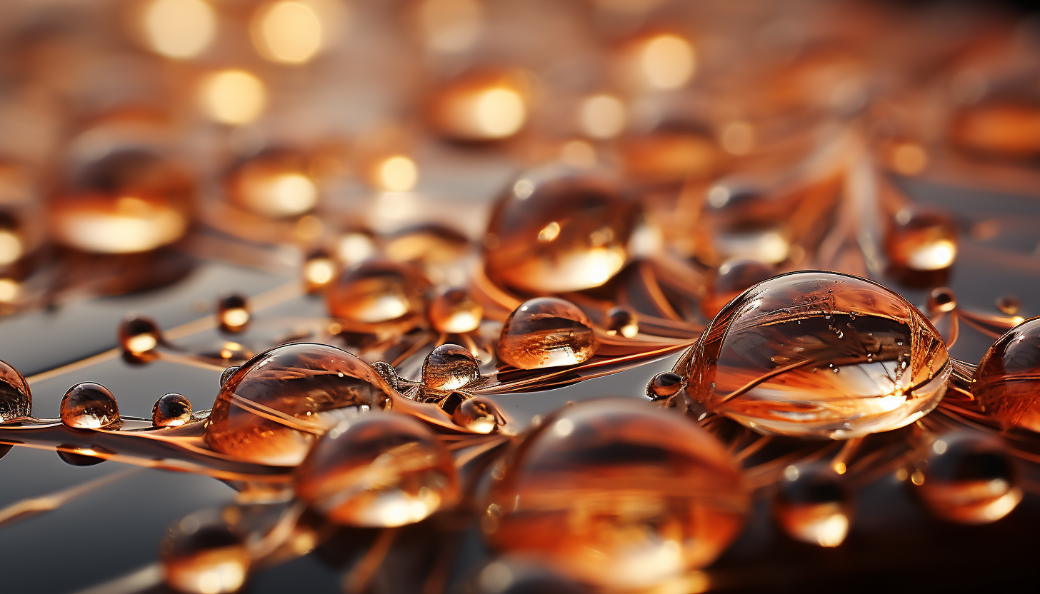 Extreme close-up of dewdrops on a spider's web, reflecting morning light.