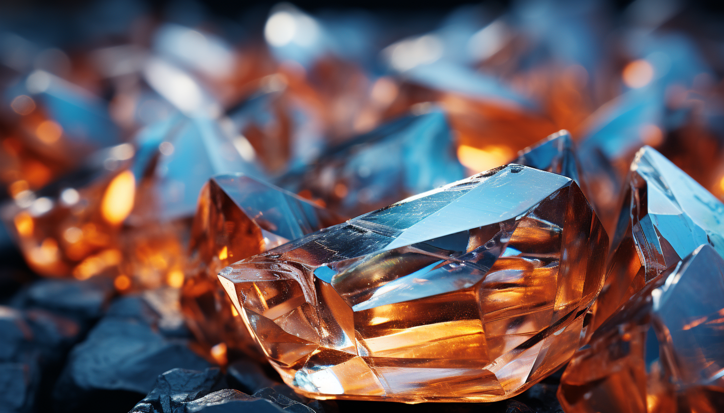 Close-up of a crystal formation, revealing geometric patterns and reflections.