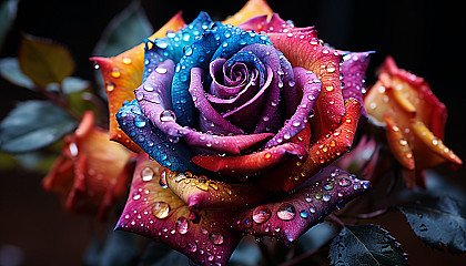 A macro shot of a dew-kissed rose with vivid colors.